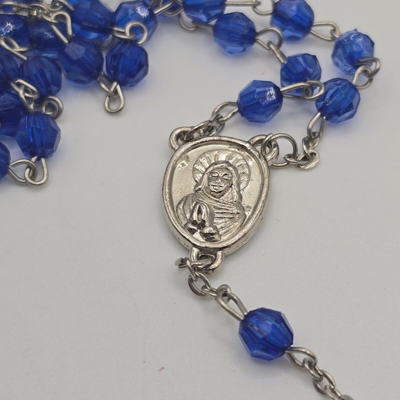 Catholic Rosary Plastic Blue Facet Beads Silver Tone Cross - Picture 3 of 8